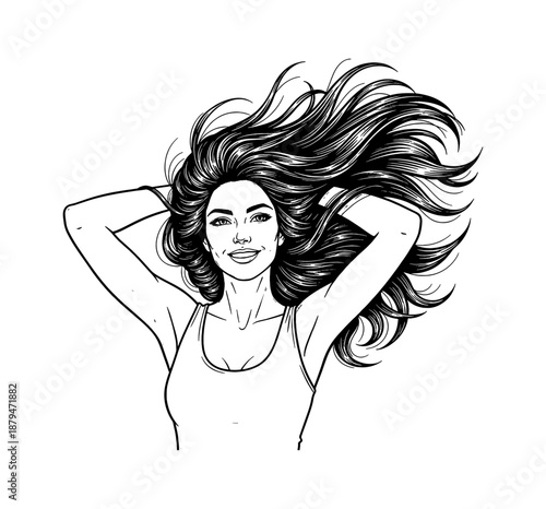 Happy Caucasian Woman Smiling Posing Hands Behind Head With Long Flowing Hair Pinup Style Black White Illustration