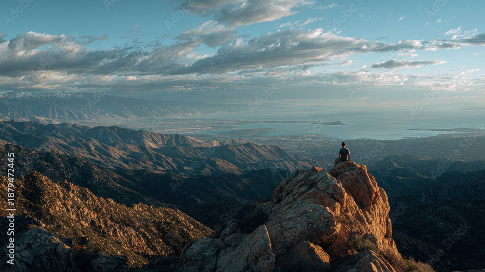 Naklejka premium Person sitting on a rocky peak overlooking a mountainous landscape