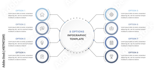 Eight option infographic template with a central circle connected to circular elements presenting a structured business or presentation layout