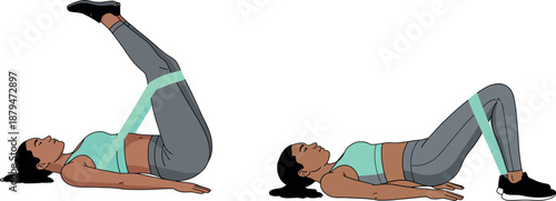 Woman Performing Glute Bridge and Leg Raise with Resistance Band