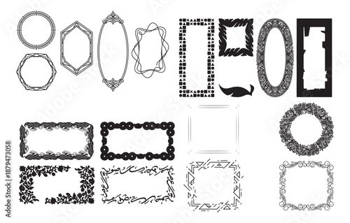 Set of ornamental black frames with geometric, floral, abstract and decorative border designs.