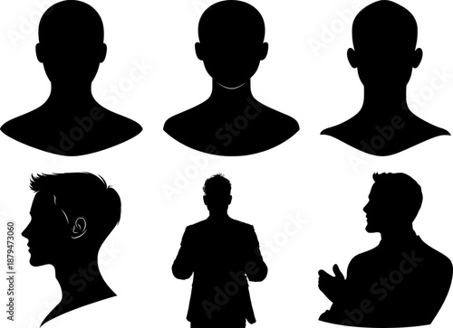 Set of male silhouette avatars and businessman profiles. Vector illustration of men heads and upper body silhouettes for user profile icons, social media, and corporate identity.