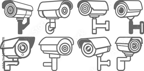 Set of CCTV security camera icons. Vector line art illustration of surveillance cameras for home security, protection, and monitoring systems. Flat style electronic guard symbols.