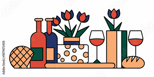 still life with wine glasses bottles and flowers on table