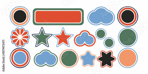 a collection of colorful shapes and stars on a white background