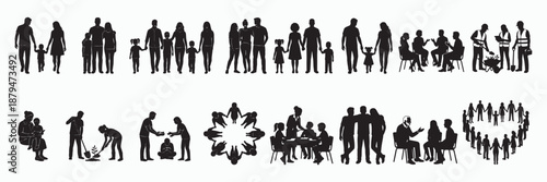 Set of human family and community silhouettes showing togetherness, cooperation, parenting and social interaction in black vector style
