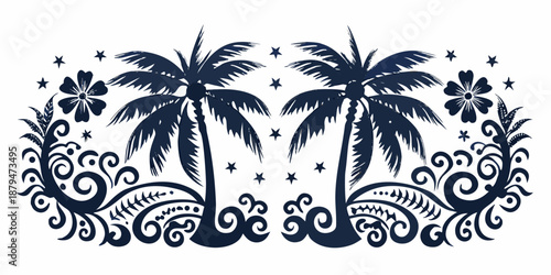 tropical island scene with palm trees and floral elements
