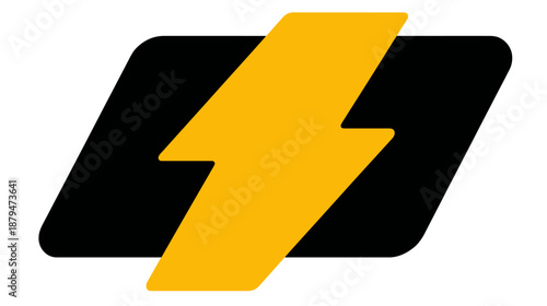 A black, rounded rectangle with a yellow lightning bolt slashing through it. The background is white