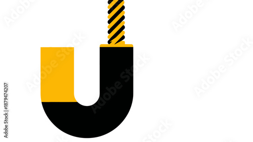 Abstract geometric composition featuring a stylized "U" shape in black and yellow, surmounted by a spiral
