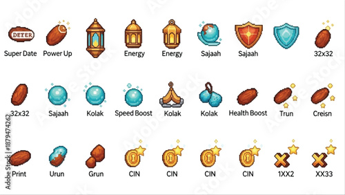 Assorted Fruits and Vegetables Icon Set.