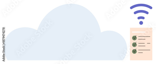 Data storage, wireless communication, cloud computing, digital organization, productivity tools, technology workflow. Large cloud with a checklist document and wireless signal icon. Cloud computing