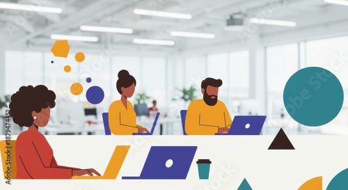 Modern Workspace: Professionals collaborate in a bright, contemporary office environment. Individuals are engrossed in work on laptops, exemplifying a modern workspace.