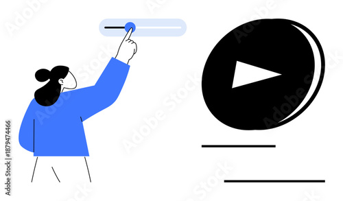Digital interfaces, multimedia controls, user experience, online streaming, accessibility, design elements. Person interacting with button and play icon. Digital interfaces and multimedia controls