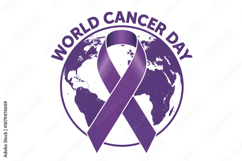 Fototapeta premium World Cancer Day Awareness Poster With Purple Ribbon And Global Map Illustration.