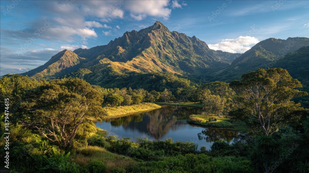 Fototapeta premium Serene Mountain Landscape with Reflection in Calm Lake