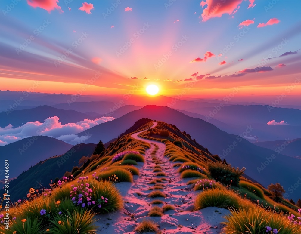 Obraz premium Sunrise Over Mountain Path with Glowing Heart