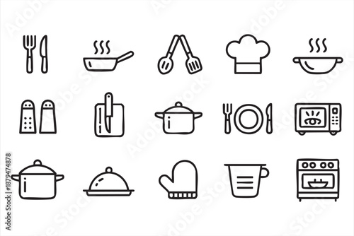 Black Line Kitchen Icons for Food Delivery Apps, Menu Layouts, Web Interfaces
