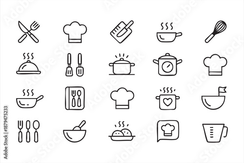 Kitchen Cooking Line Icons for Restaurant Apps, Menu UI, Culinary Dashboards