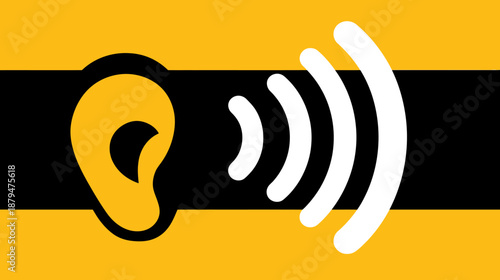 A simple graphic depicts an ear with sound waves, set on a two-tone black and yellow background