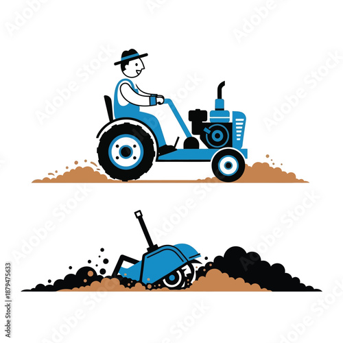 A farmer operating a blue tractor tilling soil, alongside a separate illustration of a rototiller cultivating earth.
