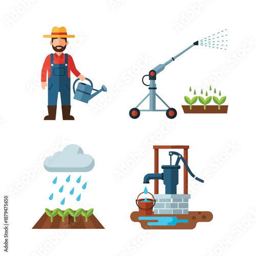 Four panels illustrating different methods of watering plants and accessing water for agriculture, featuring a farmer, irrigation system, rain, and a well.