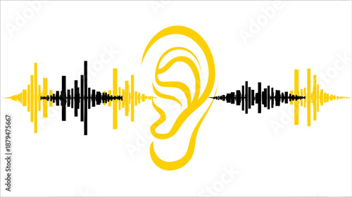 A golden ear sits between two sound waves, black and yellow, against a white background