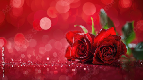 red roses, the symbol of love and romance with bokeh background for Valentine card wallpaper banner.	