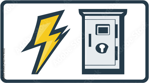 A stylized graphic depicting electrical energy and a metal cabinet with a keyhole