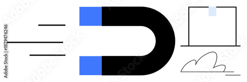 Attraction, digital marketing, influence, technology, connectivity, audience engagement. Black and blue magnet moving towards a laptop. Attraction and digital marketing ideas