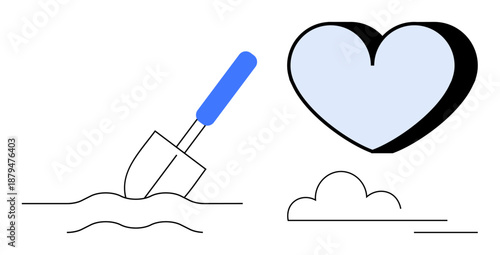Love, hard work, construction, growth, symbolism, minimalism. A heart beside a shovel in the ground. Love and hard work concepts in a clean, symbolic visual