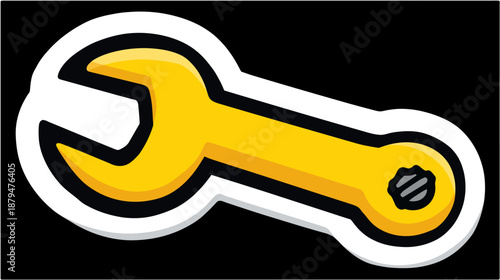 A yellow, cartoonish adjustable wrench with black outlines and a white sticker-like border