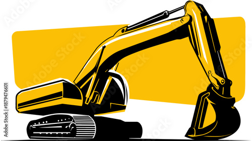 Graphic illustration of a yellow and black construction excavator against a yellow rectangular backdrop