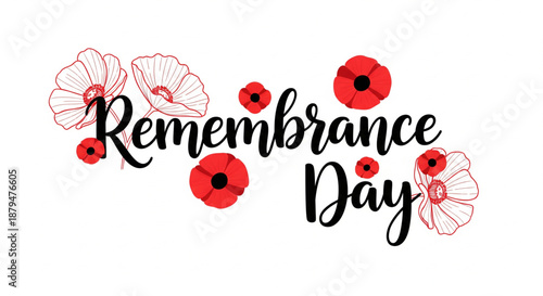 Remembrance Day text with red and outline poppy flowers on a white background, commemorating veterans.