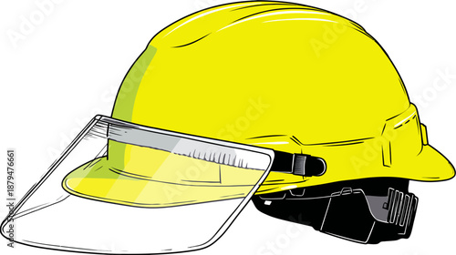 A cartoon-style illustration of a bright yellow protective helmet with a clear face shield