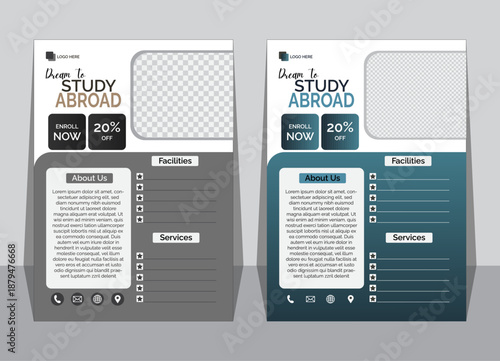Professional clean vector study flyer layout design Explore top study abroad destinations scholarships and programs 