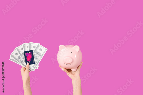 Woman with credit card, pig...