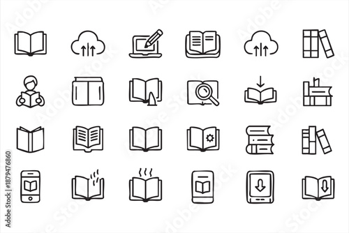 Education and Digital Library Line Icons for Online Learning Platforms