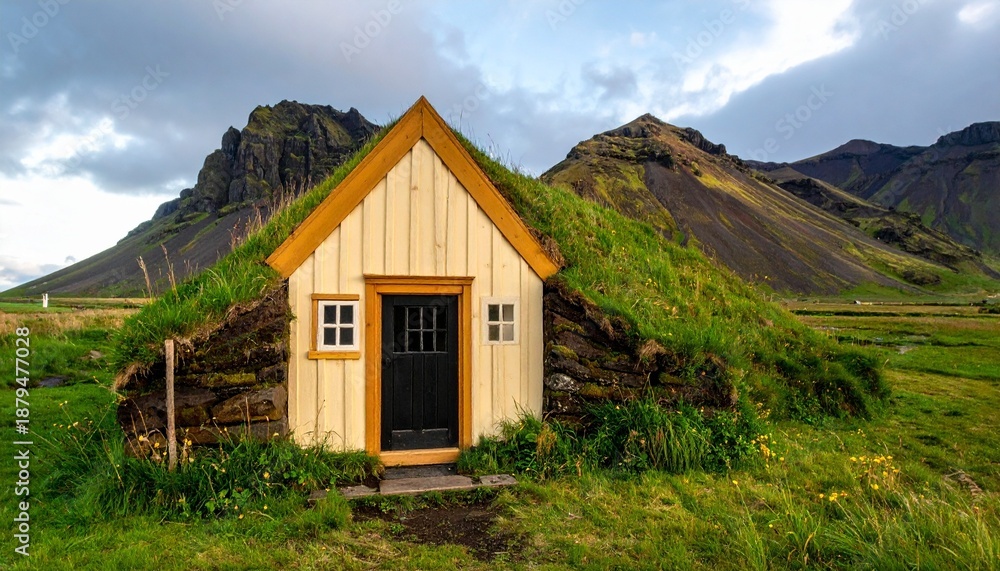 Fototapeta premium Icelandic turf house with orange trim and mountain backdrop.