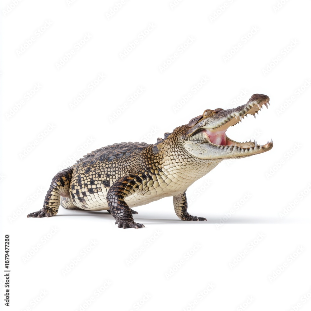 Naklejka premium Realistic and Detailed Crocodile Model with Open Mouth Displaying Sharp Teeth and Unique Scales on White Background