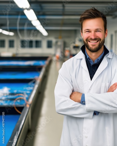 Vertical portrait of a smiling male scientist in a white lab coat at an aquaculture facility. Professional man working in a modern fish farm. Marine biologist in a hatchery