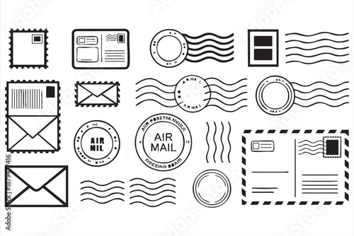 Black Line Postal Elements for Stationery, Branding, and Print Design