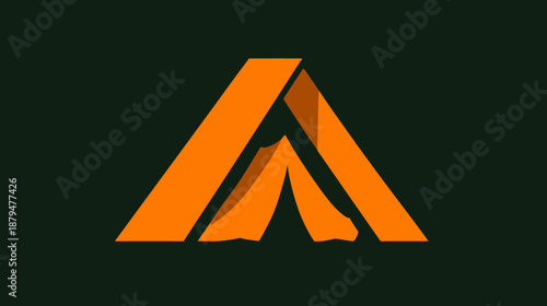Orange, angled geometric shapes construct a three-dimensional form against a dark green backdrop