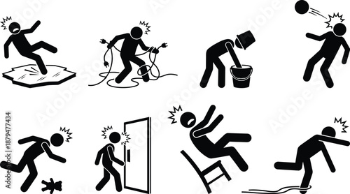 Common daily accidents and mishaps causing injury to people portrayed with stick figures