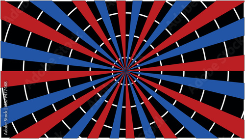 Dynamic abstract graphic design featuring a captivating radial sunburst pattern with alternating red and blue color segments on a black background, suggesting movement and energy