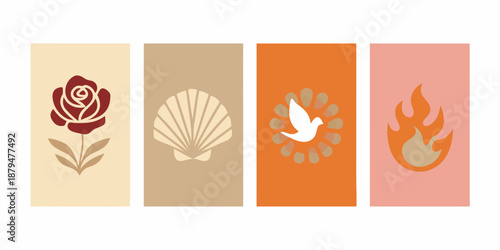 symbols of peace and spirituality in a series of four colorful panels