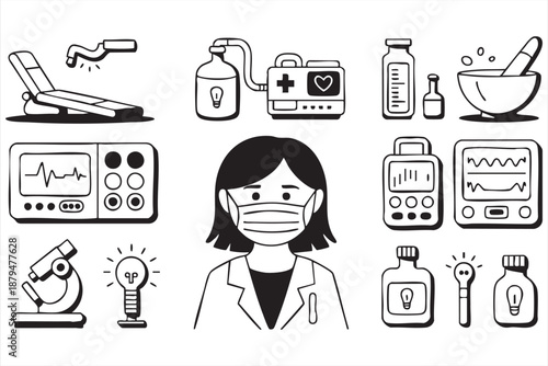 Healthcare Diagnostics Icons with Monitoring and Treatment Tools