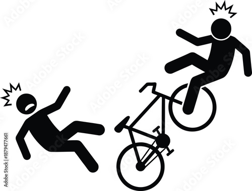 Two stick figures falling in a bicycle accident, depicting a collision or mishap