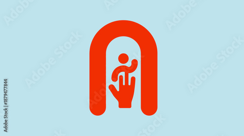 Stylized red abstract human form and archway on a soft blue background, representing welcome or inclusion
