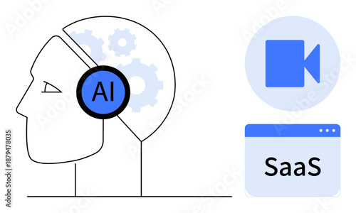 Artificial intelligence, SaaS tools, video communication, machine learning, digital innovation, tech interfaces. Human profile with AI symbol, gears video icon and SaaS window. AI and SaaS