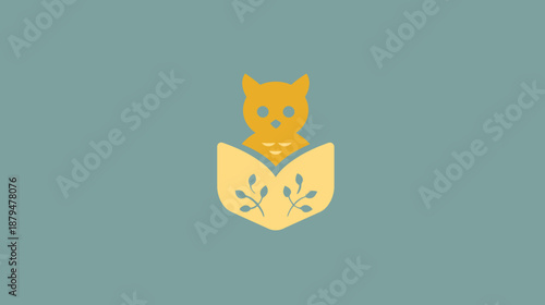 A simplified, artistic illustration of an owl in a book. The colors used are muted and flat